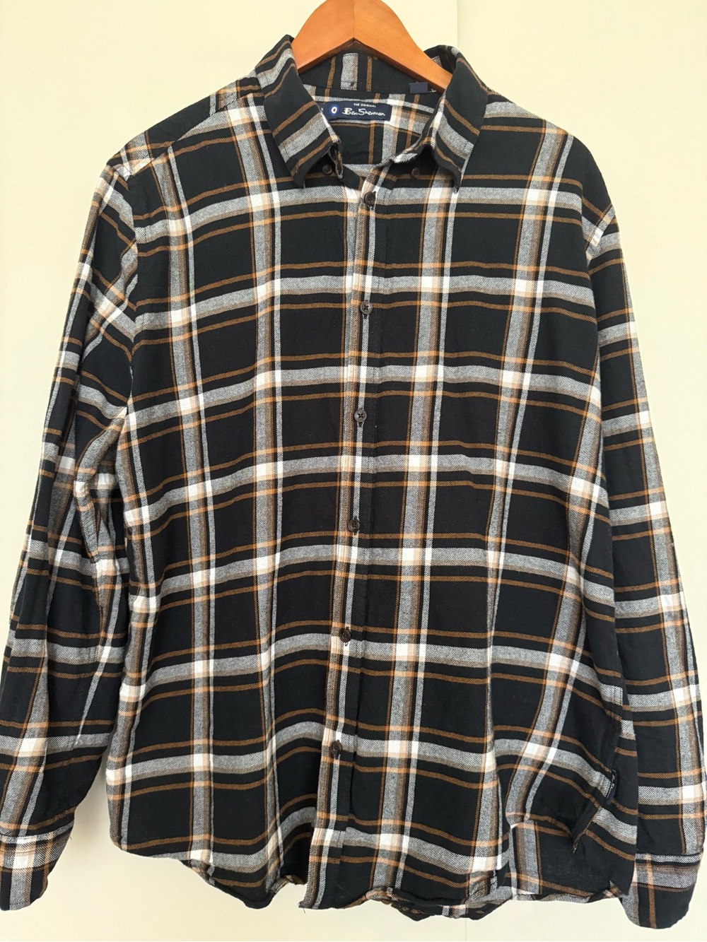 Ben Sherman Flannel Black White Burnt Orange Plaid Cotton Button-Down Shirt XL
